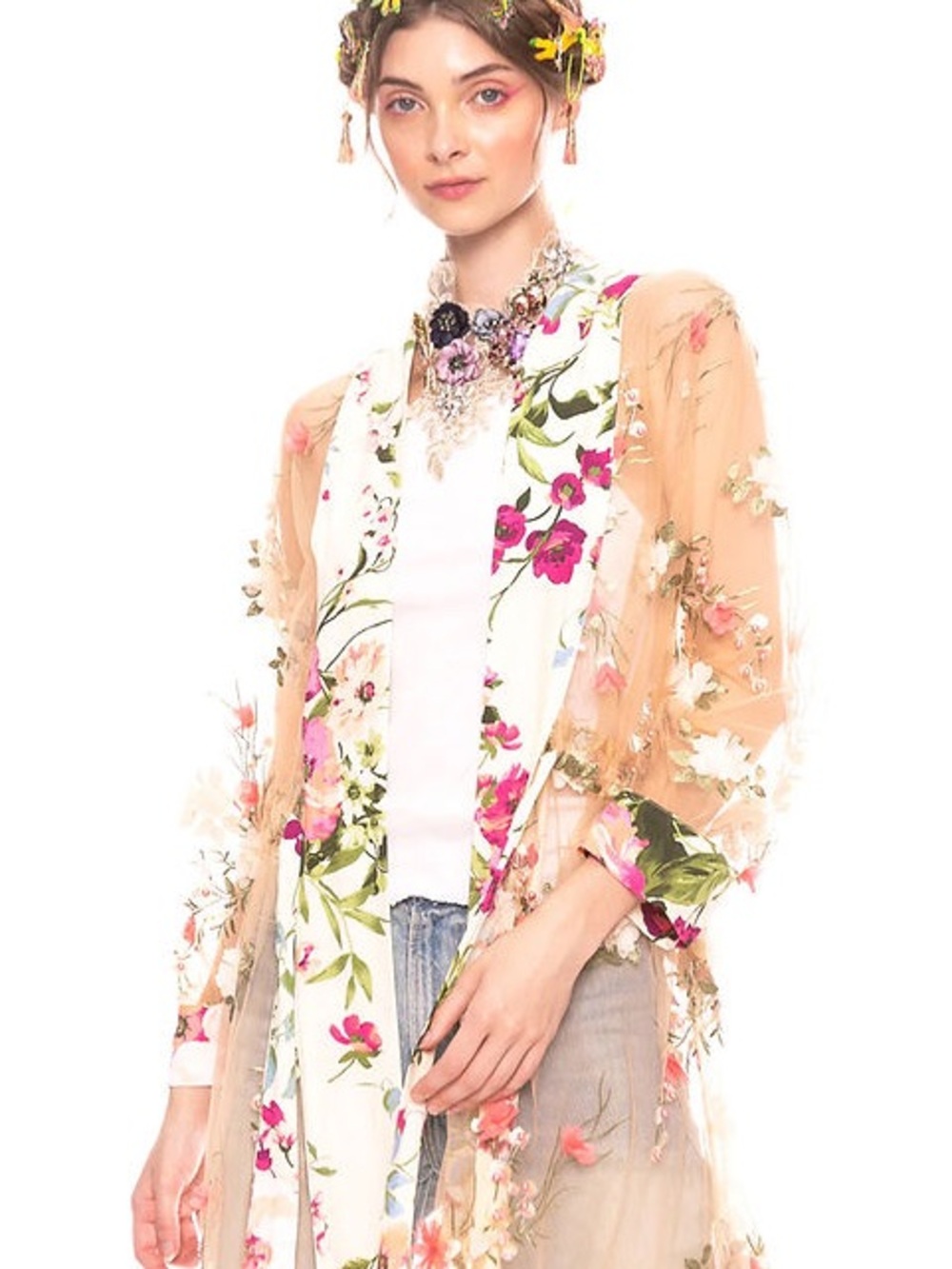 Aratta Floral Embroidered Sheer Kimono Jacket - Pink & Cream